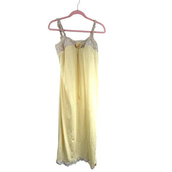 VTG 60s 70s Maxi Full Slip Dress Yellow Sz M Petticoat Lace Long Side Slit Rose - Picture 2 of 7